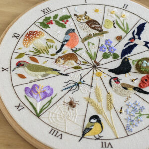 Detalles de Bordado realizado a mano de una rueda fenológica circular con doce secciones que representan los meses del año, decorada con aves, flores silvestres e insectos.