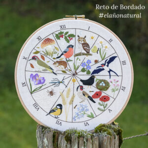 Bordado botánico de una rueda fenológica circular con doce secciones que representan los meses del año, decorada con aves, flores silvestres e insectos.