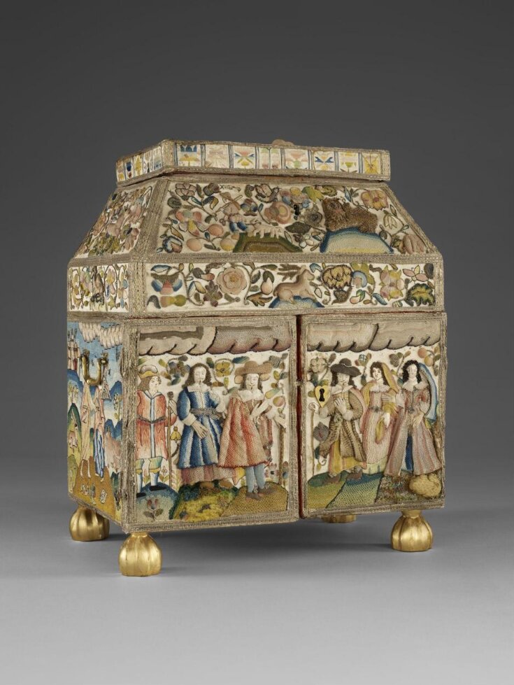 Cofre bordado en Raised Work / Stumpwork, Inglaterra, 1650-1675. Museo V&A.